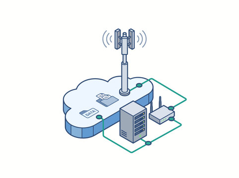 Cell tower communicates with cloud infrastructure to facilitate seamless data synchronization and wireless connectivity.