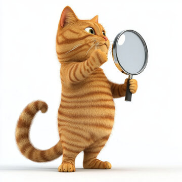 3D rendered orange tabby cat holds a magnifying glass, looking thoughtfully with green eyes on a clean white background