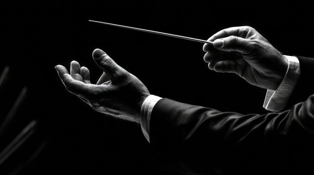 Orchestra Conductor Directing a Classical Music Performance with Expressive Hands and Baton. AI generative