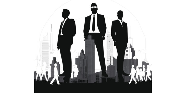 Silhouettes of three businessmen in suits standing in front of a detailed city skyline with skyscrapers and small figures on a white background