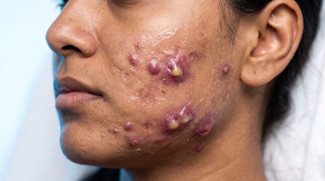 Close up of female face with severe cystic acne pustules and inflamed skin breakouts