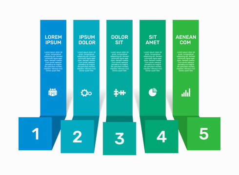 Five business infographic labeled banners with text placeholders and icons. Vector illustration.