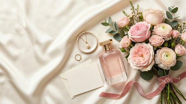Luxury perfume bottle with flowers and jewelry on satin