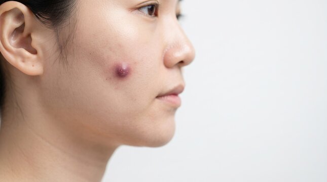 Close Up of Asian Woman Profile with Large Cystic Acne Boil or Pimple on Cheek