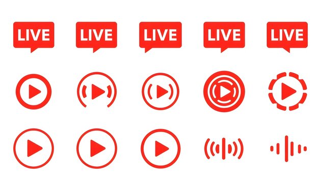 Modern LIVE Streaming Badges and Broadcast Icons Collection in Red and White Vector Style
