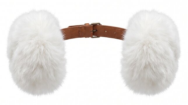 White Faux Fur Earmuffs with Brown Leather Strap Isolated on White