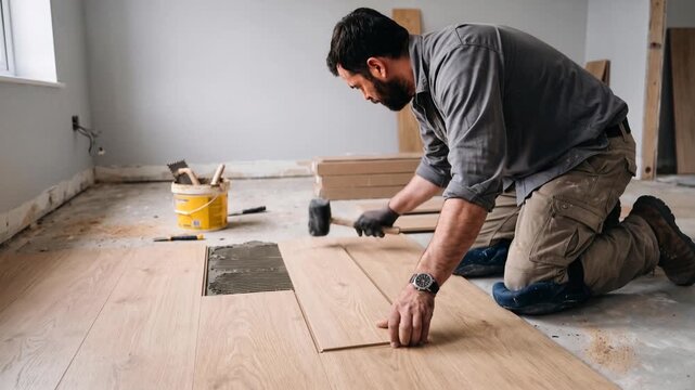 Professional flooring installer laying natural wood parquet in a bright renovated room, using a rubber mallet and adhesive during home improvement work.