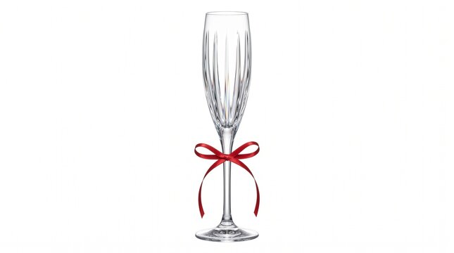 Elegant Crystal Champagne Flute with Red Ribbon Bow Isolated on White
