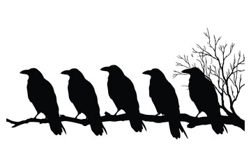 Obraz premium Silhouette of five crows perched on a branch