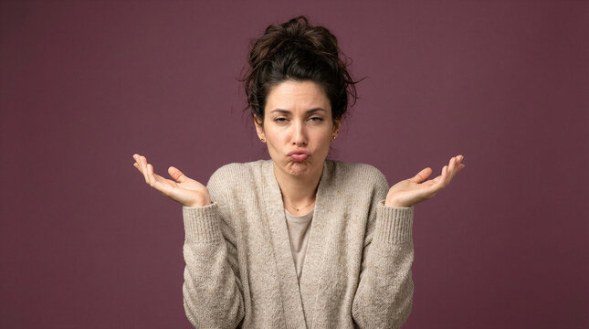 Woman shrugging with a confused expression and pursed lips in a studio setting