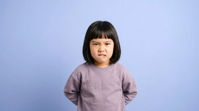 Young girl with a stubborn pout and biting her lip, looking annoyed