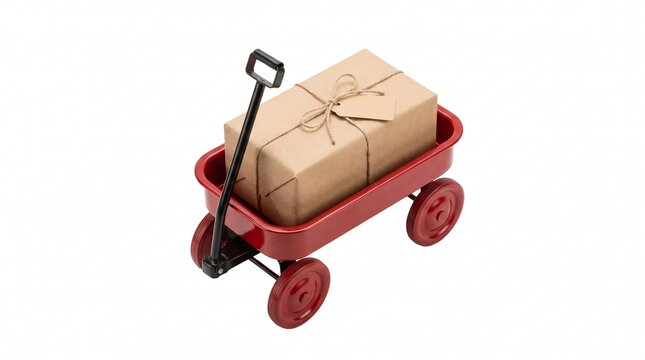 Red Toy Wagon Carrying Brown Parcel Gift Box Isolated on White