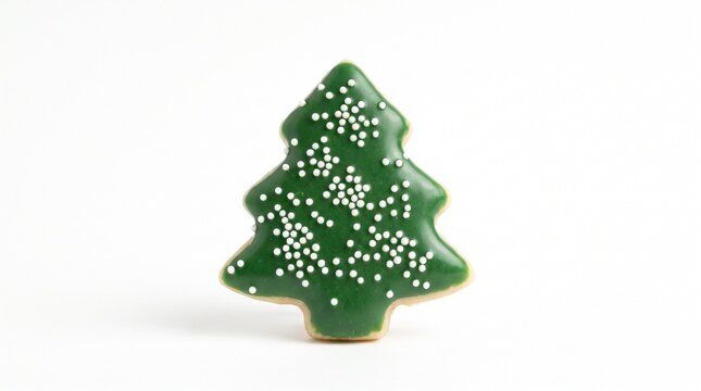 Christmas tree cookie with green icing isolated on white background