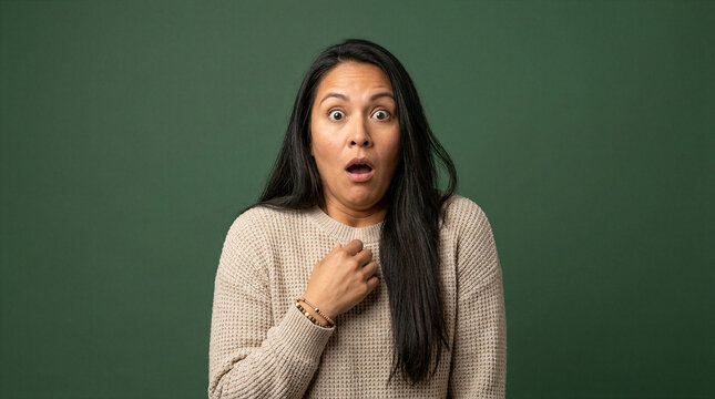 Woman recoils in shock with wide eyes and open mouth against a green background