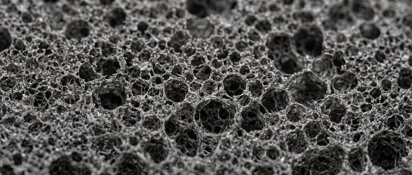 Macro view of dark reticulated foam sound dampening sponge. Porous open cell acoustic filter material texture close up