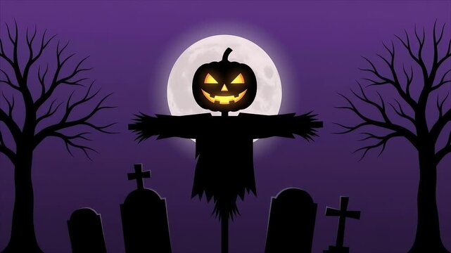 Scarecrow with Glowing Pumpkin Head Under Full Moon