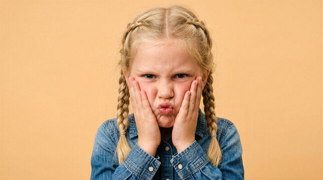 Young girl making a funny face with hands on cheeks in studio