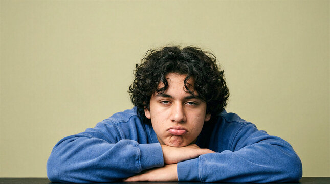 Teenage boy with curly hair looking bored and pouting at the table
