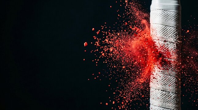 Red powder exploding from tennis racket grip