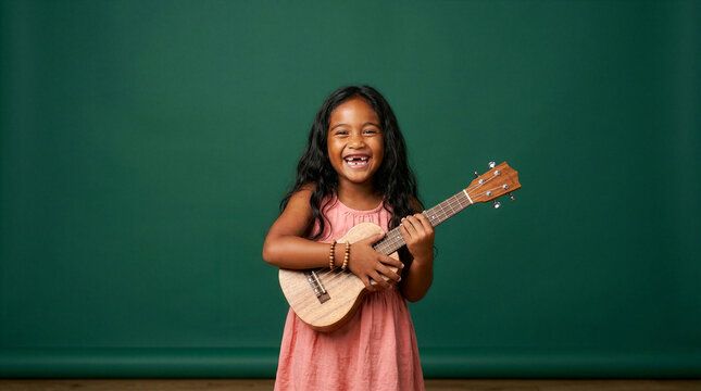 Joyful young girl with a ukulele, smiling widely with missing front teeth