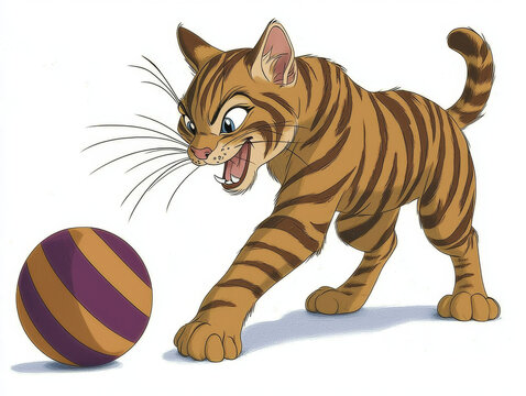 Animated cat with tiger stripes crouches intently, ready to bat a purple and gold striped ball