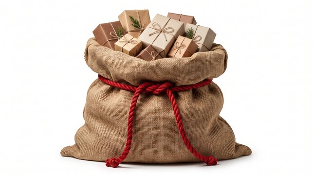 Burlap Sack Filled with Eco-Friendly Christmas Gifts on White