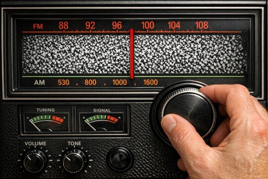 A hand presses the button on a radio, getting ready to listen