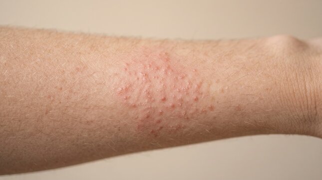 Macro close up of a red itchy rash, contact dermatitis, or allergic skin reaction on a person's forearm