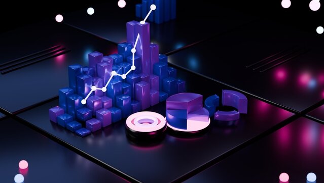 Futuristic 3D financial analytics dashboard with glowing charts bar graphs and pie charts representing market growth and digital investment trends