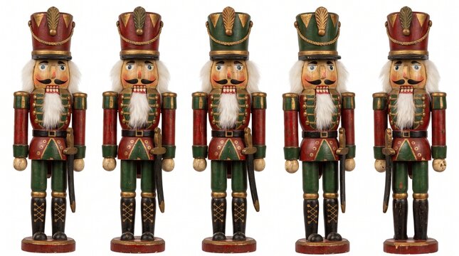 Row of Vintage Wooden Nutcracker Soldiers on White Background