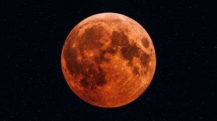 Obraz premium A mesmerizing total lunar eclipse paints the full moon in a deep, fiery red, casting an ethereal glow across the vast, star-studded night sky, a spectacular astronomical event