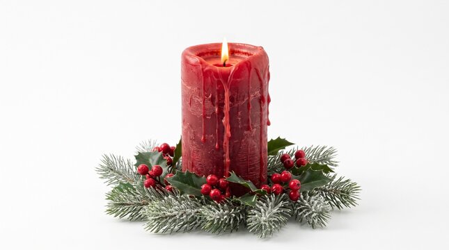 Red Burning Christmas Candle with Pine Branches and Berries