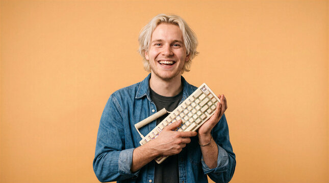 Young man with blonde hair smiling and holding a mechanical keyboard