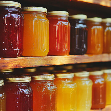 Assorted colorful fruit preserves in glass jars line rustic wooden shelves, showcasing various shades and textures