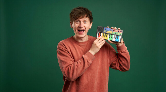 Young man excitedly holding a colorful mini synthesizer keyboard