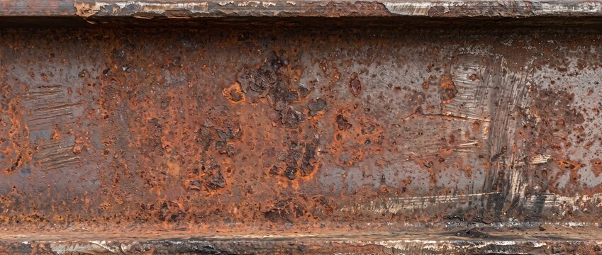 Aged steel beam covered in heavy orange rust and oxidation stains. Close up texture of corroded industrial metal surface. Rough background for construction design