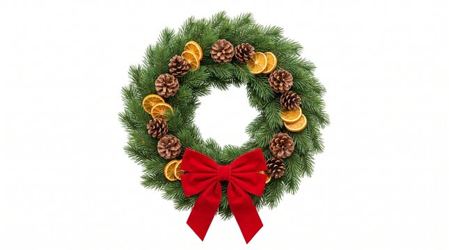Christmas Wreath with Pine Cones, Orange Slices and Red Bow on White
