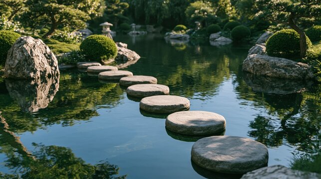 Round stone stepping path across a peaceful koi pond in a traditional zen garden