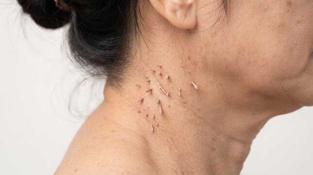 Close up of multiple skin tags acrochordons on mature woman neck
