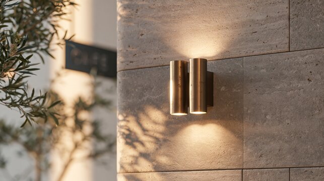 Modern brass wall sconce lighting on a textured stone facade outdoors
