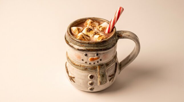 Hot Chocolate in Snowman Mug with Toasted Marshmallows and Candy Cane