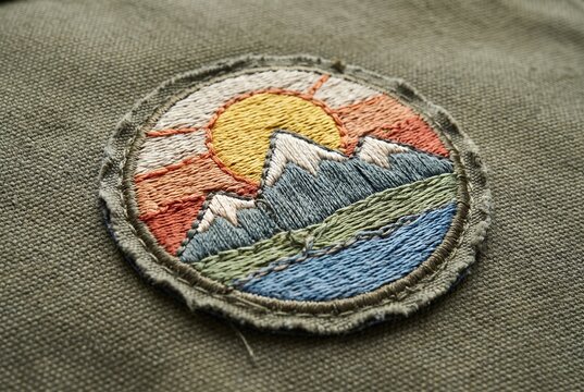 Round embroidered landscape patch on green canvas fabric. Mountain sun and lake embroidery applique close-up