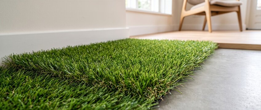 Sample of green artificial grass mat installed on indoor floor. Synthetic turf carpet near white wall and wooden flooring