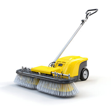 Yellow industrial floor sweeper with dual front rotating brushes and long handle on a white background