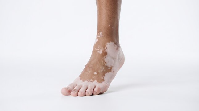 Close up of a person's foot and ankle with dark skin showing prominent vitiligo depigmentation patches