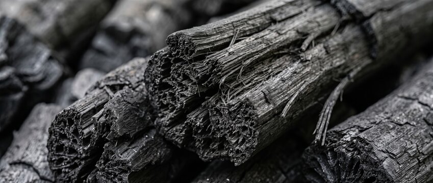 Close-up of black bamboo charcoal sticks with porous texture. Carbonized wood surface detail for natural backdrop