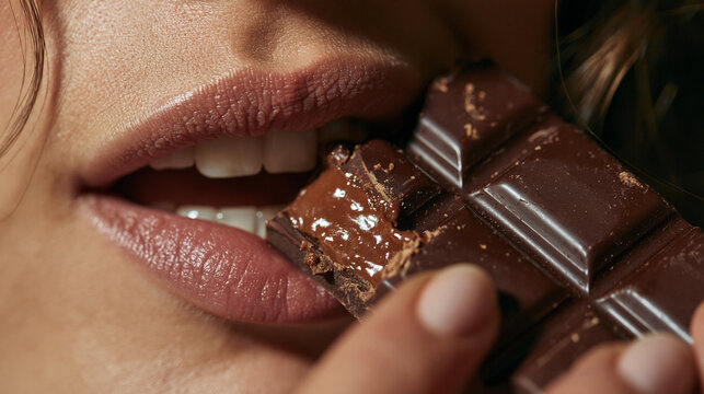 Studio, bite and person with chocolate, closeup and hands with delicious snack, dessert and eating. Mouth, taste and food with serotonin for woman, sugar or candy with health benefits of antioxidants