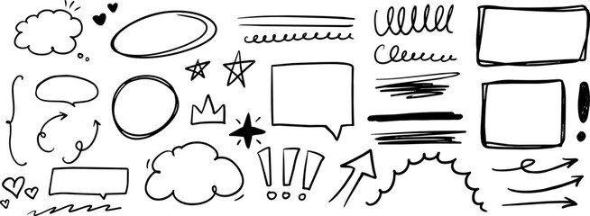 Fototapeta na wymiar Hand drawn black doodle elements with speech bubbles, arrows, frames, hearts, stars and scribbles isolated on white, ideal for notes and graphic design