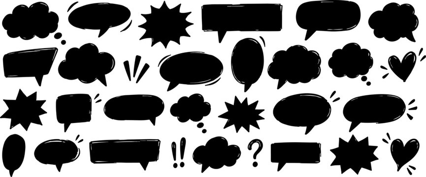 Set of hand drawn black speech and thought bubbles with comic shapes, hearts and symbols isolated on transparent background, ideal for messages and graphic design