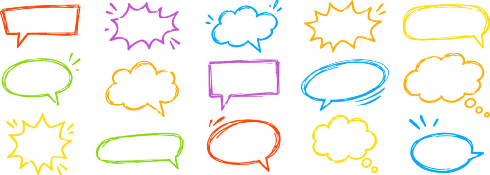 Colorful hand drawn speech and thought bubble outlines with comic frames and sketch accents isolated on white, ideal for messages and creative design